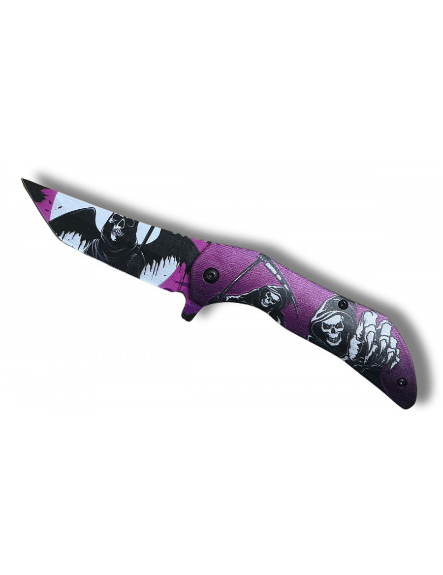 Purple Death folding knife with assisted opening, 9cm blade + belt clip