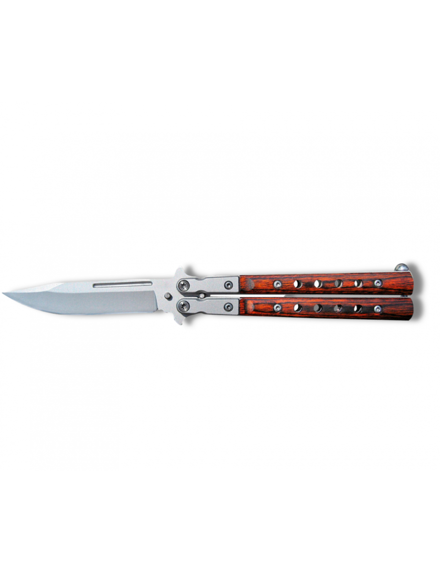 Couteau papillon ajouré Lame 9cm acier gris mat et bois+clip-ceinture