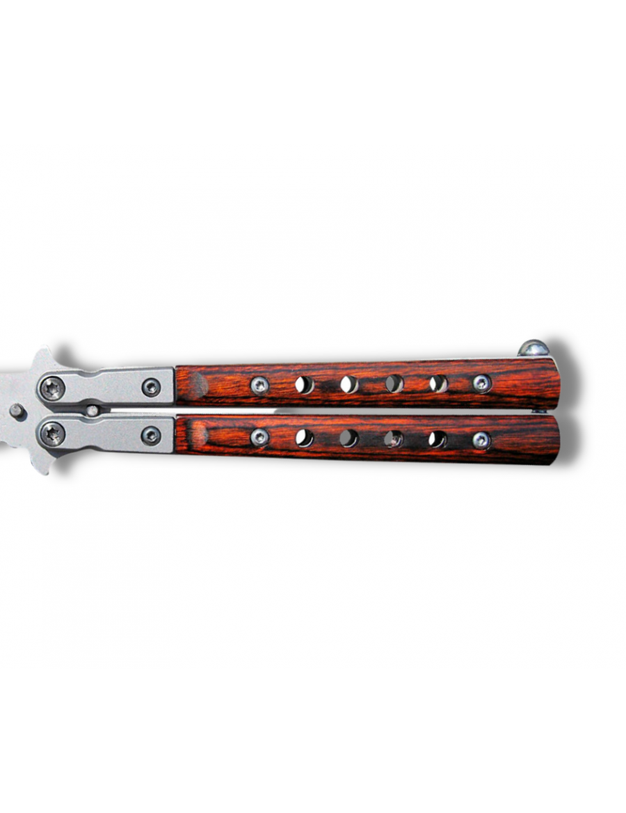 Couteau papillon ajouré Lame 9cm acier gris mat et bois+clip-ceinture