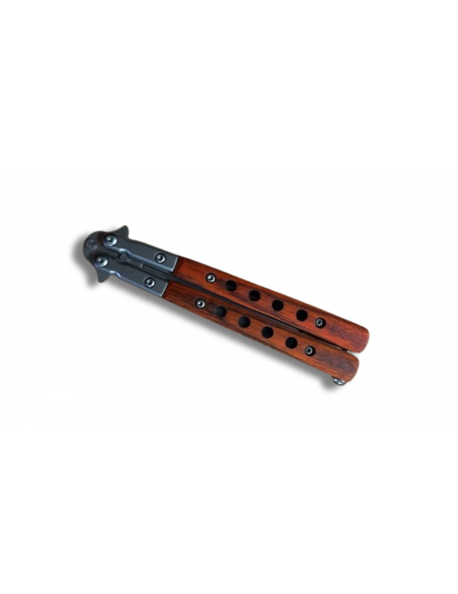 Couteau papillon ajouré Lame 9cm acier gris mat et bois+clip-ceinture