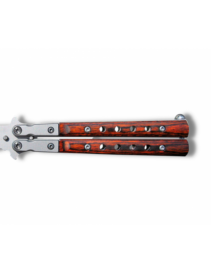 Couteau papillon ajouré Lame 9cm acier gris mat et bois+clip-ceinture
