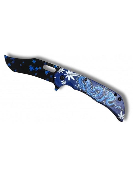 Couteau foliage dragon bleu lame 9cm - clip ceinture